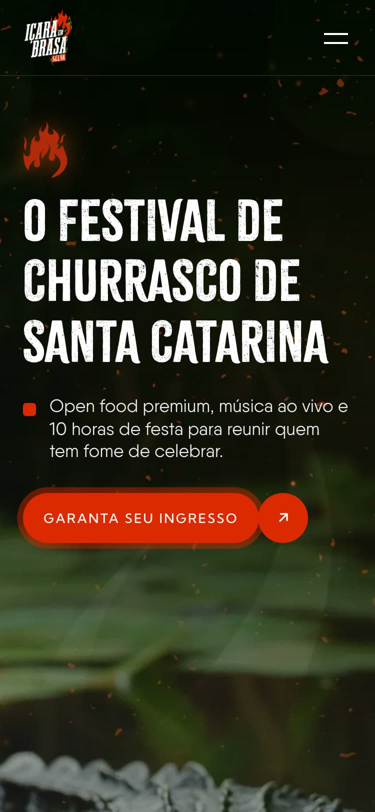 O topo do site do Içara em Brasa no celular, com o botão Garanta seu ingresso