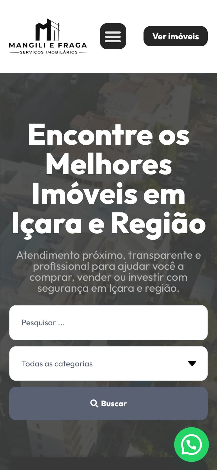 O topo do site da Mangili & Fraga no celular, com a busca de imóveis
