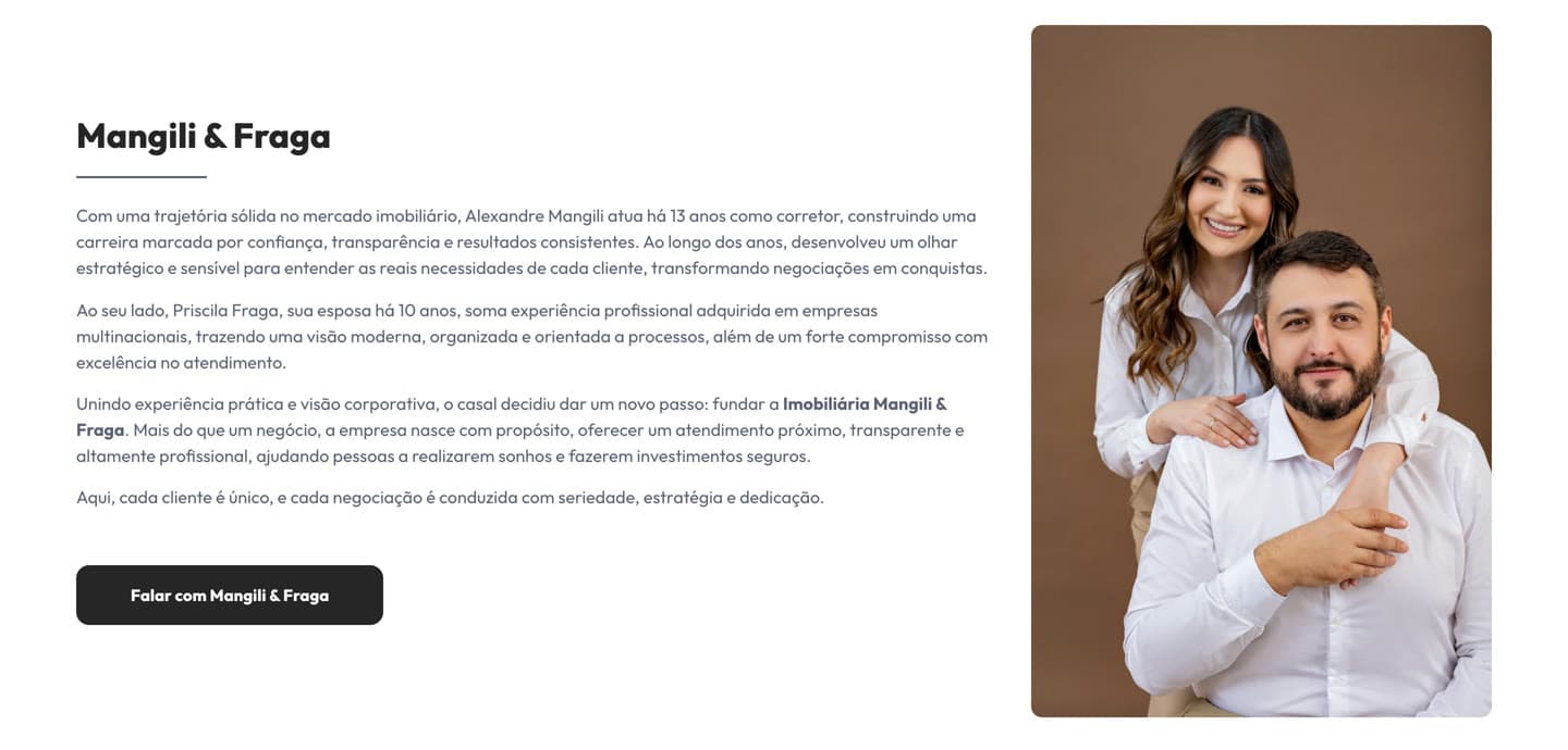 Seção sobre a Mangili & Fraga com a história e a foto de Alexandre e Priscila