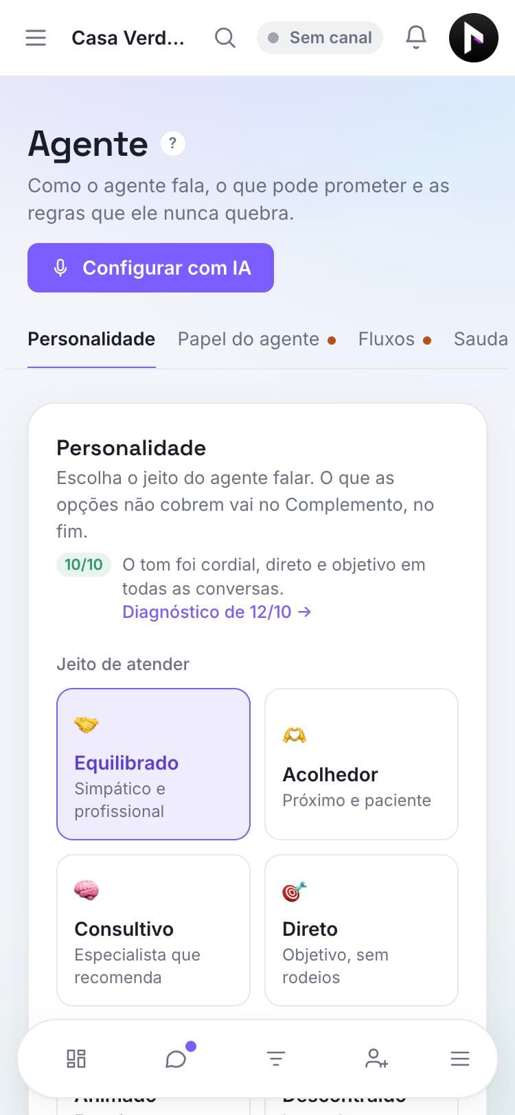 Tela de configuração do agente de IA: personalidade e jeito de atender