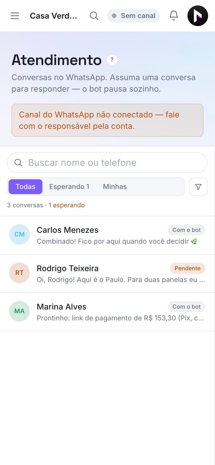 Caixa de entrada do VR Flow com conversas com o agente e pendentes