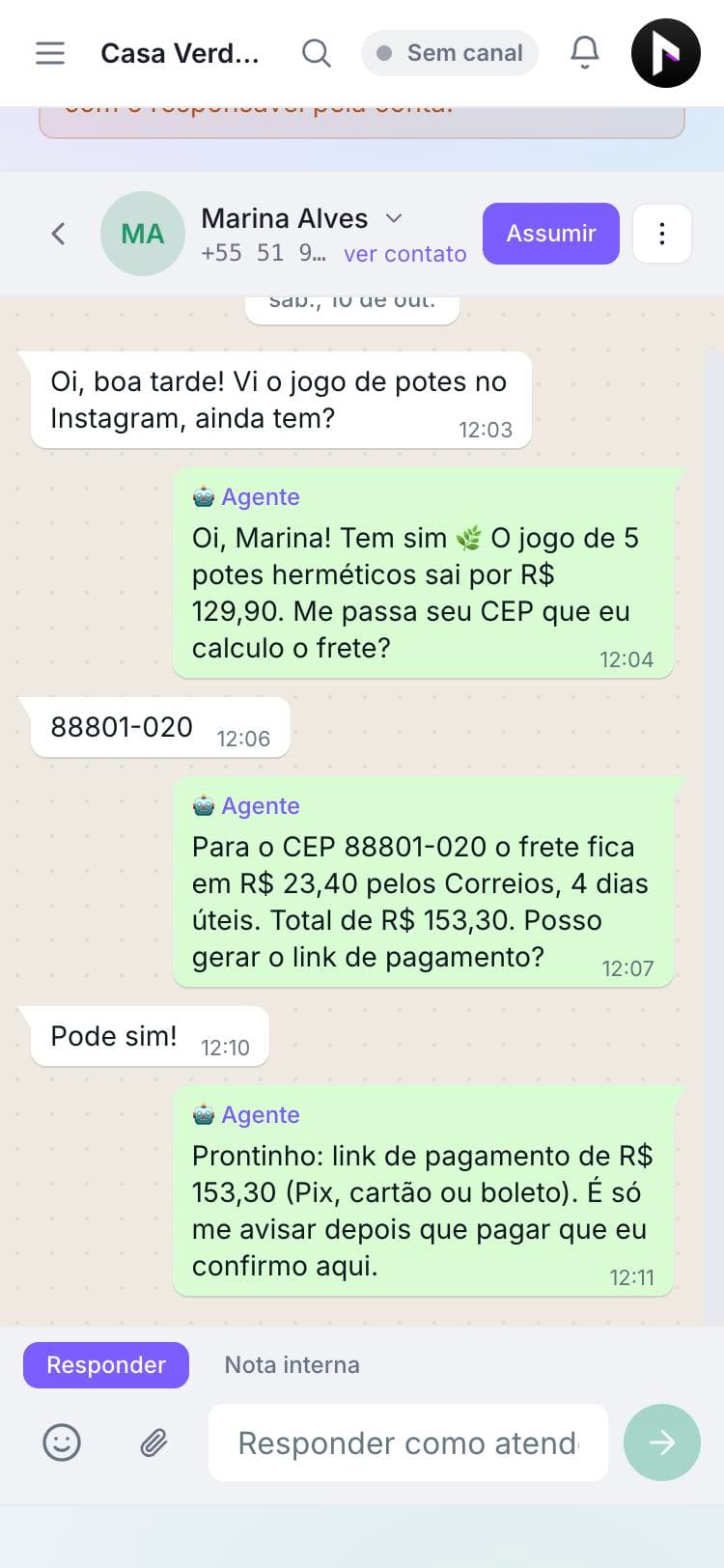 Conversa no VR Flow: o agente responde, calcula o frete e envia o link de pagamento