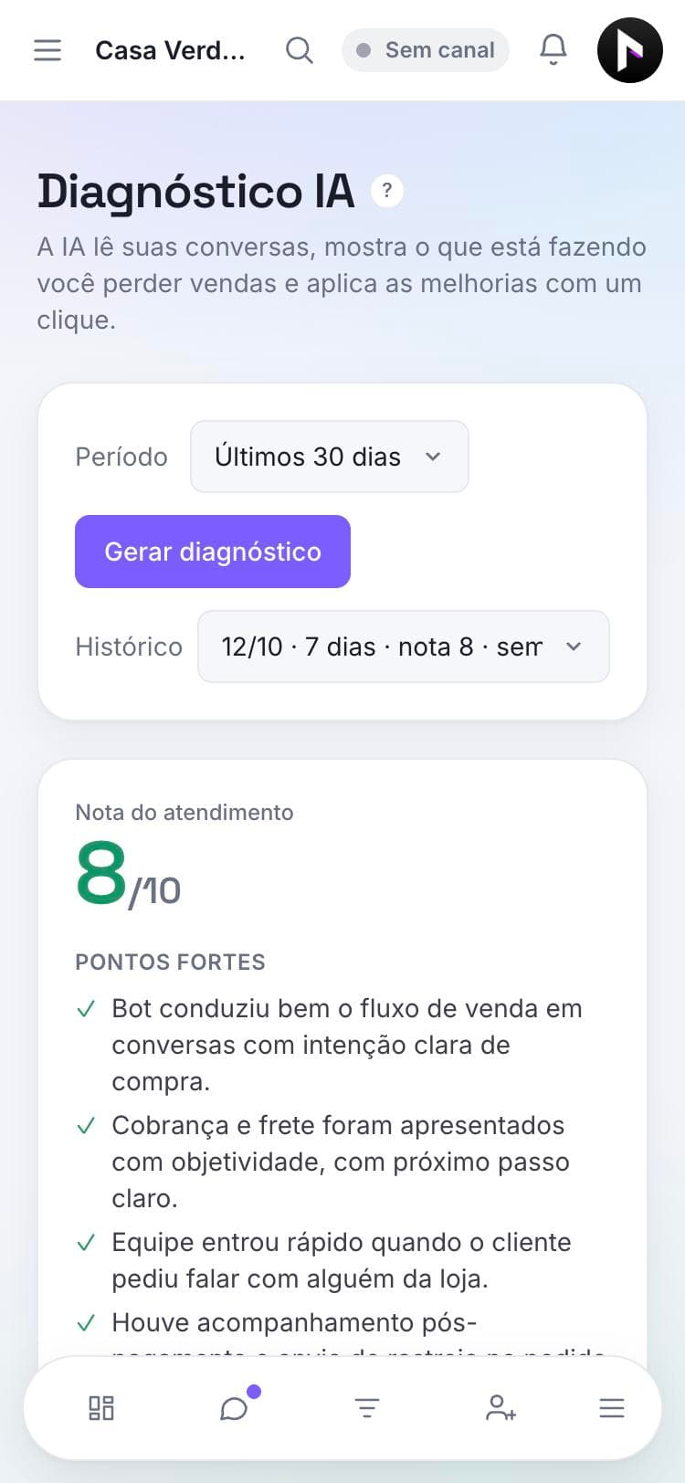 Diagnóstico IA do VR Flow com nota 8 de 10 e pontos fortes do atendimento