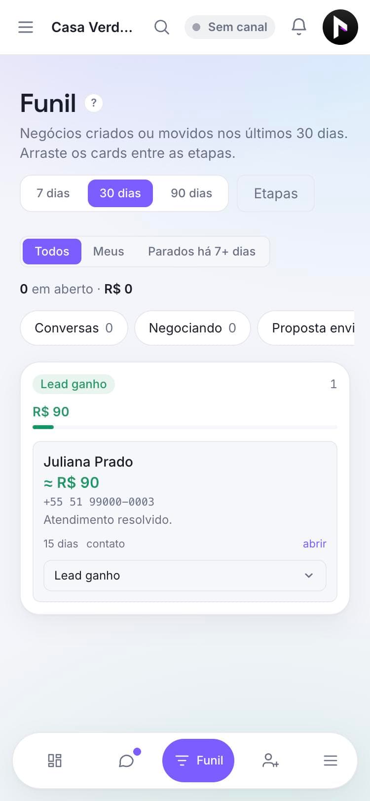 Funil de vendas do VR Flow com um negócio ganho